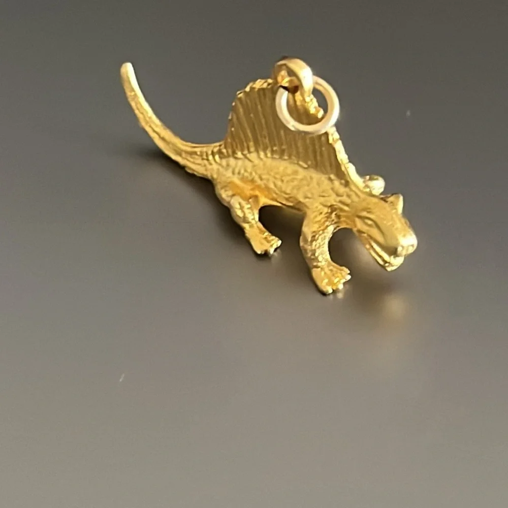 Shiny Gold Tone Dimetrodon Dinosaur Bracelet Charm, Necklace Pendant, Key Chain